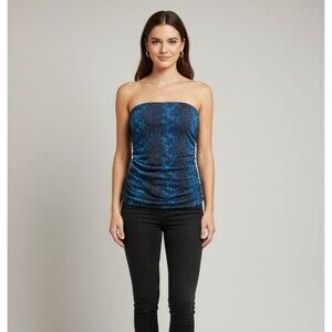 EXPRESS Strapless Tube Top Blouse Shirt Women's‎ M Ruched Side Snakeskin Blue